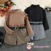 Babygarden- ชุดเสื้อแขนยาว คอสูง และกางเกงขาสั้น พิมพ์ลายฟันสุนัข พร้อมเข็มขัด แฟชั่นฤดูใบไม้ร่วง สําหรับเด็กผู้หญิง อายุ 1-6 ปี