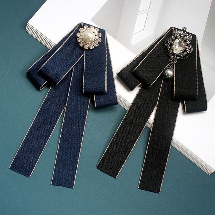 SDFHDFGR Chic Ribbon Crystal Uniform Neck Collar Shirt Rhinestone Necktie  Women Bow Tie Korean Style Cravat Clip Pin Lazada