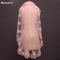 Real Photos One Layer Pink Lace Short Wedding Veil with Comb Beautiful 1 Meter Bridal Veil Voile De Mariee 100CM