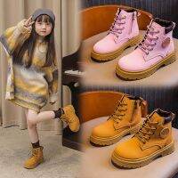 ♗ Boys Girls Genuine Leather Martin Boots New Style Children Medium Large Short Autumn High-Top Shoes Yellow