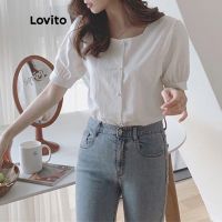 COD dhdfxcz Lovito Casual Plain Button Front Squared Neck Blouse for Women LNA04158 (White)