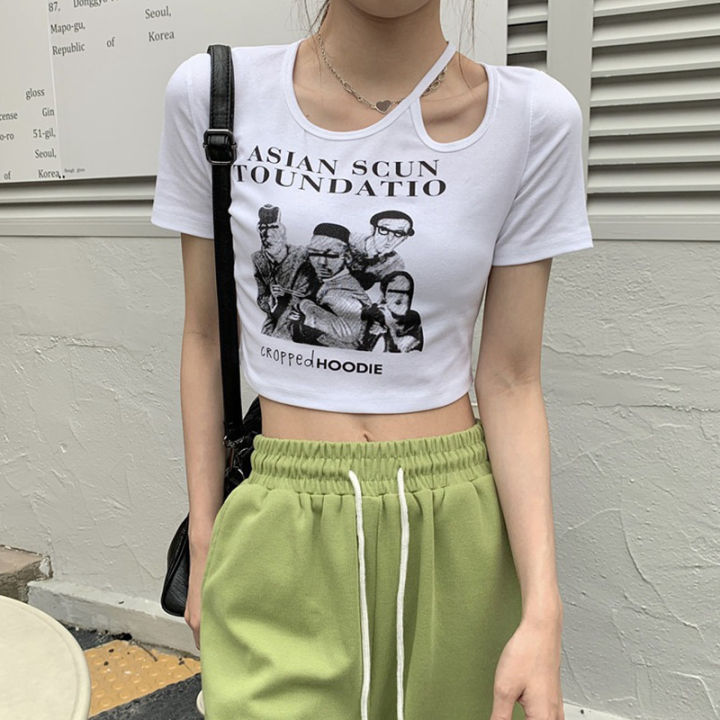 Simon INS Women Cutout Crop Tops Summer Slim-fit Figure & Letter Print  Round Neck Short Sleeve T-shirt