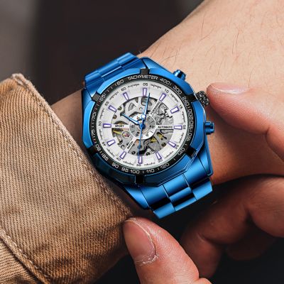 Forsining Blue Sport Men Watch Top Brand Luxury Automatic Mechanical Stainless Fashion Skeleton Waterproof Business Wristwatches