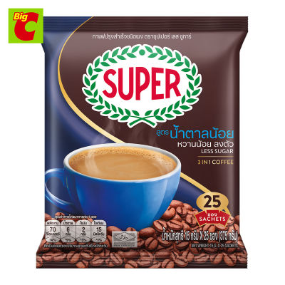 ซูเปอร์คอฟฟี่ กาแฟปรุงสำเร็จชนิดผง 3 อิน 1 สูตรน้ำตาลน้อย 15 ก. แพ็ค 25 ซอง
