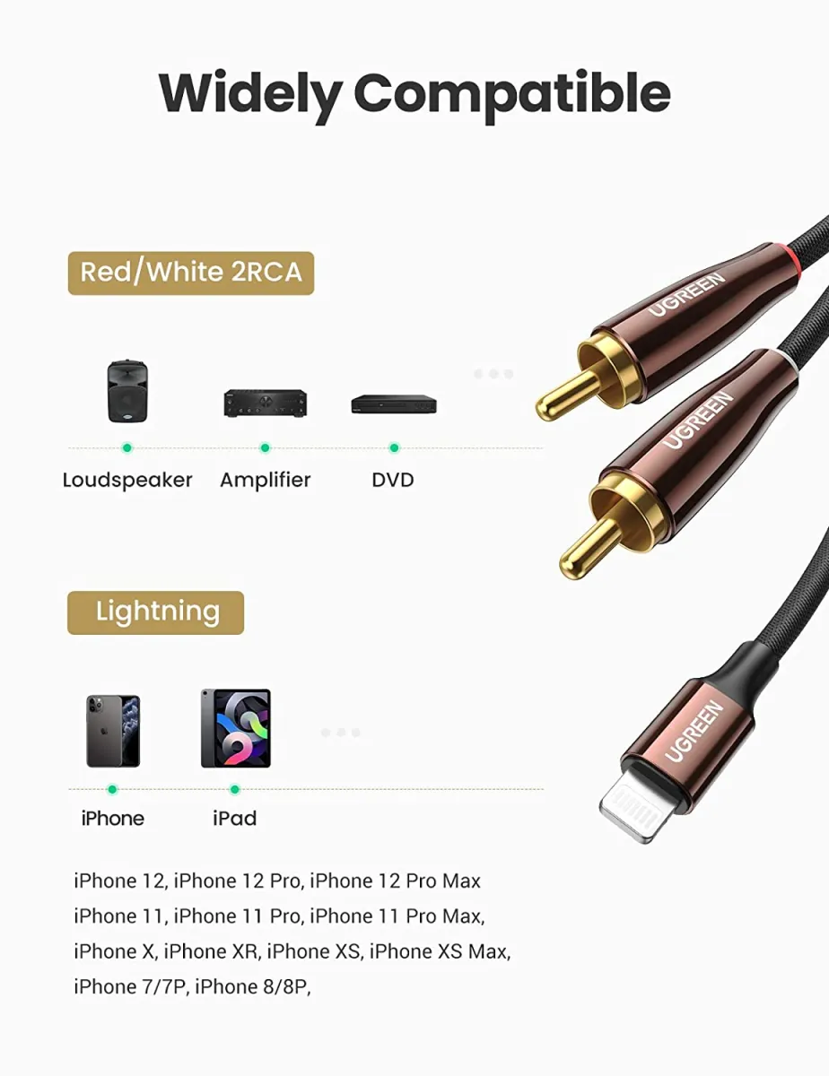 UGREEN Lightning to RCA Cable MFi Certified 2RCA Splitter Audio Cable RCA Y  Adapter Hi-Fi