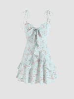 Cider K-POP Ruffles Trim Tie Corset Dress เดรสสายเดี่ยวผู้หญิงเดรสแฟชั่นผญลายดอกไม้ลุคสาวหวาน