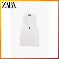 ZARA ชุดเดเสื้อกั๊กแขนกุดคอวีสำหรับผู้หญิง,ชุดฤดูร้อนสีขาวมีสายด้านหลังสำหรับผู้หญิง