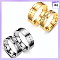 JING ของใหม่ สีทองเงิน AAA CZ ลูกบาศก์เซอร์โคเนีย ชุบทอง18K แหวนวงแต่งงาน สแตนเลสสตีล แหวนคู่รัก