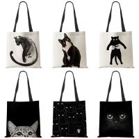 Lady Designer Tote Bags Sumi Black Cat Printed Linen Fabric Eco Handbag Shopping Office Reusable Casual Shoulder Bag