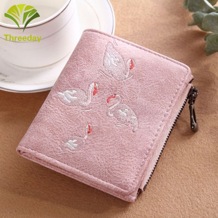 3d-women-short-wallet-pu-leather-cards-holder-swan-embroidery-coin-pocket-zipper-casual-purse