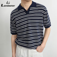 Lansboter เสื้อยืดคอวีแขนสั้นสำหรับผู้ชาย,Kaus Polo Garis แฟชั่นเรียบง่าย