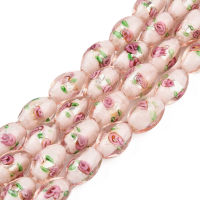 10pc Handmade Silver Foil Glass Lampwork Beads Oval with Flower Pink 16~17x9~11mm Hole: 1.5~2mm