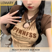 Lemary 2023แฟชันใหม่สำหรับฤดูร้อน,เสื้อยืดเอวลอยพิมพ์ลายจดหมายย้อนยุคเสื้อผู้หญิงคอกลมแขนแร็กแลนทรงพอดีตัว