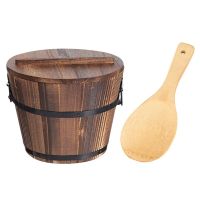 2X Wooden Rice Bucket Korean Bibimbap Bucket Japanese Cuisine Sushi Bucket Food Storage Container with Lid Spoon