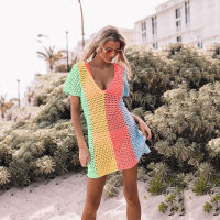 Knitted Beach Cover-up Boho Style Summer Mini Dress V neck Bikini Cover up y Tunic for Beach Swim suit Cover up Kaftan Pareo