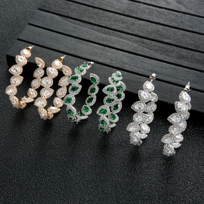 Luxury Water Drop green color Cubic Zircon Big Statement Hoop Earrings For Women Wedding DUBAI Bridal Circle Hoop Earrings E7918