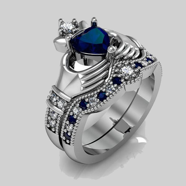 แหวนหมั้นคู่สีเงินสีฟ้ารูปหัวใจ Cz แหวนคลัดดาห์โปรโมชั่นของ2017สุดหรู