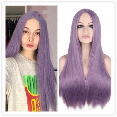 【jw】✌∏ QQXCAIW Straight Middle Part Wig Pink Gray Resistant Synthetic Hair Wigs