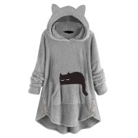 Ladies Pocket Cat Ear Hoodie Fleece Shirt Button Cute Printing Classic Long Sleeves Top Sweatshirt Sweater Blouse