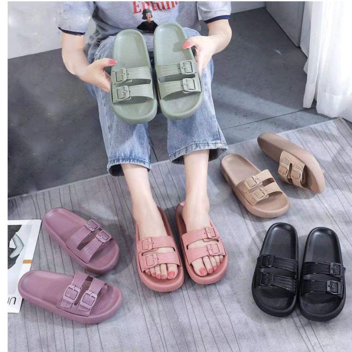 [AO] Thick Double Buckle Metallic Slides for Women Korean Style ...