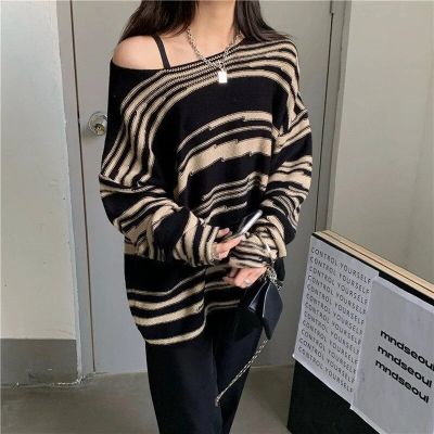 ‘；’ MEXZT Retro Striped Sweaters Women Loose Patchwork Knitted Jumpers Vintage Streetwear Punk Gothic Long Sleeve Oversize Pullover