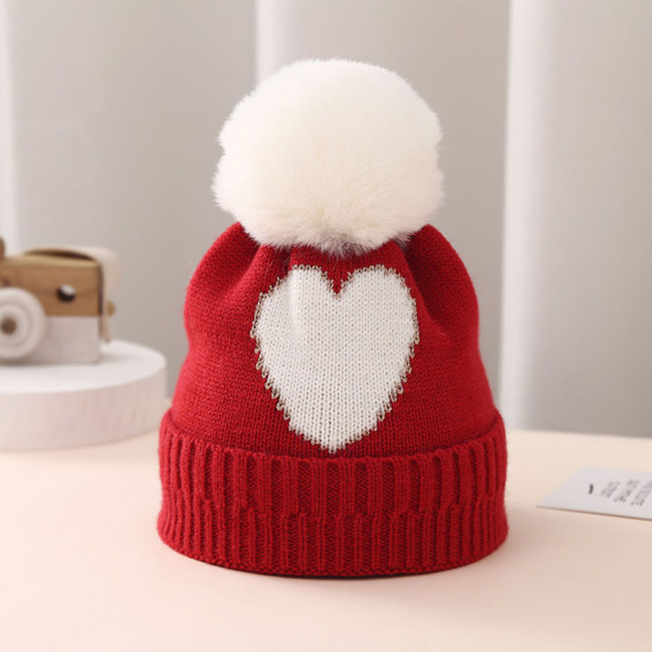 หมวกแจ็คการ์ดหนา2ชั้นสำหรับเด็ก0-2ปีหมวกหมวกขนสัตว์แรกเกิดหมวกถักลวดลายความรักแบบสองชั้นหมวกเด็กอ่อนฤดูหนาว