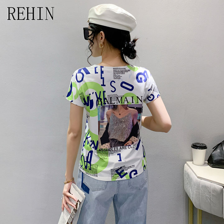 rehin-เสื้อผู้หญิงพิมพ์ลายตัวอักษร-ไม่เหมือนใครแฟชั่นใหม่เสื้อยืดแขนสั้นผ้าฝ้าย-s-3xl-ยาวถึงก้นเข้ารูปพอดี