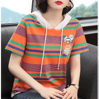 เสื้อยืดลายทางขนาดใหญ่สไตล์เกาหลีสำหรับผู้หญิง,เสื้อยืดฮู้ดแขนสั้นลำลองทรงหลวมสีแดงสดฤดูร้อน