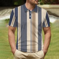 Mens fashion new button-striped Polo shirt, casual golf T-shirt with 3d printing, Short Sleeve, Daily Top, Summer, 2023