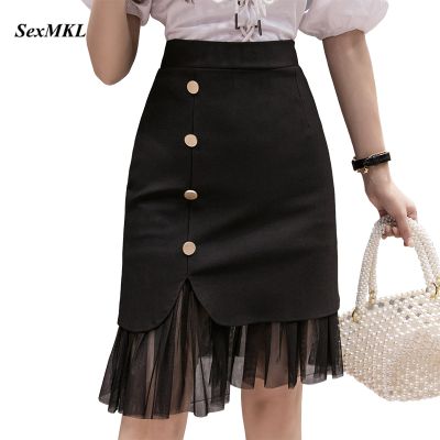 Women Bodycon Black Skirts 2021 Korean Fashion Clothing Elegant High Waist Mujer Faldas Button Zipper Office y Midi Skirt