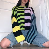 ♣✗ﺴ Mixed Sweater Color Block Crew-Neck Knitted Pullovers 90s Grunge e-girl