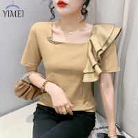 YIMEI เสื้อยืดผู้หญิงสวยๆ,เสื้อยืดคอเหลี่ยมสดใสขนาดเล็กแขนสั้นแต่งระบาย2023แฟชั่นเกาหลีใหม่ฤดูร้อน