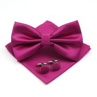 Mens Formal Solid Color Polyester Bowtie Pocket Square Cufflinks Sets Bow Tie Handkerchief Cuff Links Lots Three Piece Set