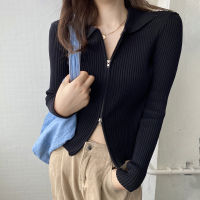 Autumn Women Vintage Zip Up Knitted Cardigan Solid Turn-Down Collar Full Sleeve Korean Style Short Tops Spring Office Lady Wear