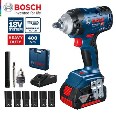 Bosch ประแจผลกระทบมอเตอร์ไร้สายแบบไม่มีแปรง400N.M แบตเตอรี่ลิเทียมชาร์จใหม่ได้ Kunci Pas Listrik GDS 18V-400ไดร์เวอร์อิมแพ็ค