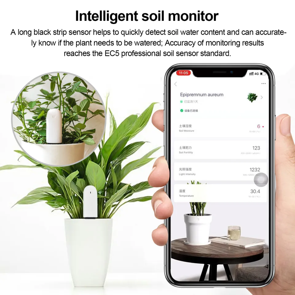 Soil Moisture Meter 4 in 1,Plant Water Monitor,Automatically Detect Moisture/Temperature/Light/Fertility,Can Connect to Mobile Phone Via Bluetooth