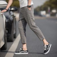 COD ✉ vffe899 Ready Stock Ankle Length Linen Plaid Cropped Pants Mens Slim Fit Casual Soft Pant Large Size S-5XL