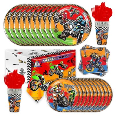 Dirt Bike Motorcycle Birthday Party Decorations Disposable Tableware Set Plate Cup Balloon Cake topper Pack for Party Supplies