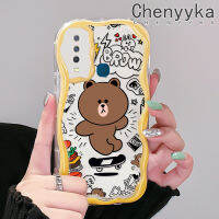 เคส Chenyyyka สำหรับ VIVO Y12 Y17 Y15 Y3s Y3 Y12i การ์ตูนหมีสีน้ำตาลน่ารักเนื้อครีมคลื่นขอบเคสนิ่มป้องกันซิลิโคนง่ายปลอกใส