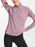 Camel เสื้อยืดแขนยาวผู้หญิง,เสื้อผ้าออกกำลังกายผ้ากำมะหยี่บางๆมีซิปคอตั้งทรงสปอร์ต