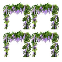4Pcs 7Ft/Pcs Artificial Wisteria Vine, Flower Garland Wisteria Vine Rattan Hanging Flowers for Outdoor Ceremony,Purple