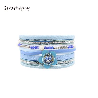 【CW】 STRATHSPEY 2017 New Fashion Multilayer Rhinestone Leather Bangle Magnetic Jewelry Pulseira