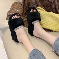 [COD] Shu Wedge Heel High Furry Slippers Women Outer Wear 2022 Autumn Winter European Products Muffin Thick-Soled Rhinestone Flip-Flo