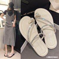 Web celebrity pearl flip-flops fairy female summer new flat wind set toe sandals soft bottom slippery sandals