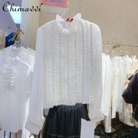 Spring New 2022 Korean Fashion Sweet Lace Stitching Rhinestone Shirt Stringy Selvedge Stand Collar Puff Sleeve White Blouse