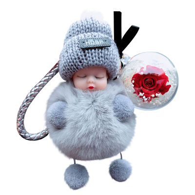 New Design Fashion Lovely Simulation Plush Squint Doll Valentines Day Rose Keychain Car Hang Ring Keychain Jewelry Gifts