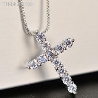 ♙○ 925 Sterling Silver Necklace For Woman men 18 inch Box chain Shiny crystal classic cross Pendant Fashion luxury Jewelry Gifts