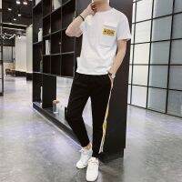 【hot seller】 Mens casual suit mens summer short-sleeved student thin section trendy two-piece sports running