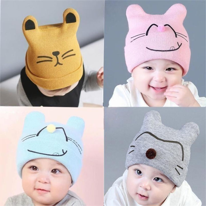 พร้อมส่ง-d-003-หมวกไหมพรมเด็ก-หมวกผ้าเด็กน้อยน่ารัก-หมวกมีหู-หมวกหูแมว-สีสดใส-มี-5-สี-เลือกสีได้
