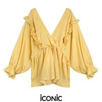 iCONiC YELLOW GEGEE TOP #6959 เสื้อผญ ผ้าไหม  ทรงหลวม สีเหลือง ฟรีไซส์ อก32-40" ยาว27"  เสื้อแฟชั่น เสื้อแฟชั่นผญ เสื้อออกงาน เสื้อทำงาน เสื้อไฮโซ